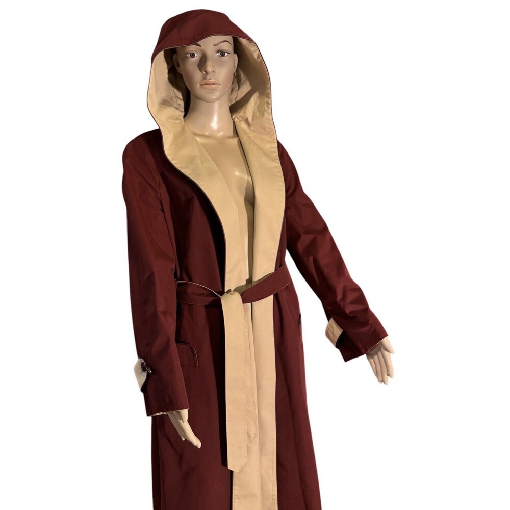 Etienne Aigner Reversible Hooded Trench Coat Size 12 Burgundy Khaki VTG belted - Picture 13 of 14